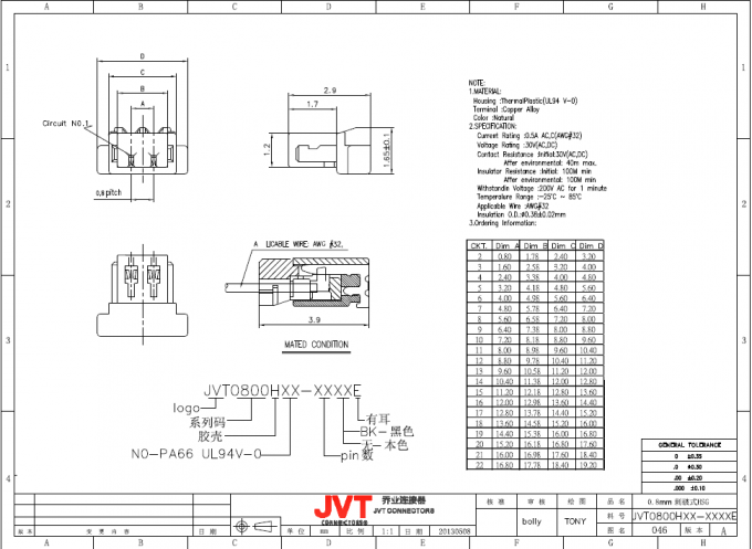 JST 0.8mm 피치 주름을 잡는 연결관의 전기 케이블 회의 동등물