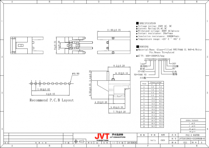 JVT PA 2.0 Mm 피치 연결관, 안전한 잠그는 장치를 가진 주름 작풍 연결관