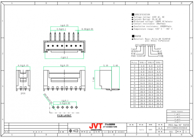 2.0mm 피치 2-16Pin의 PCB 널 연결관 단 하나 줄, 나일론 66UL94V-0