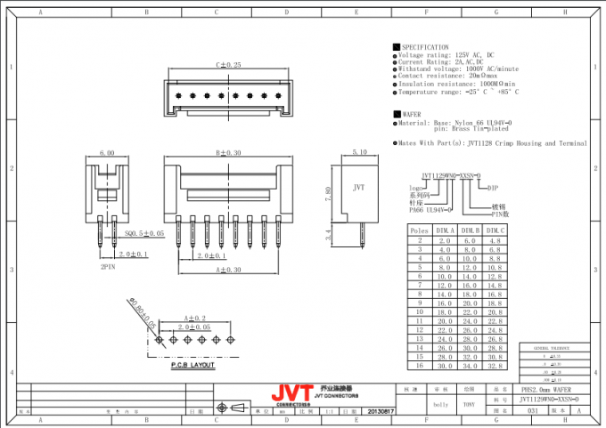 2.0mm 피치 2-16Pin의 PCB 널 연결관 단 하나 줄, 나일론 66UL94V-0