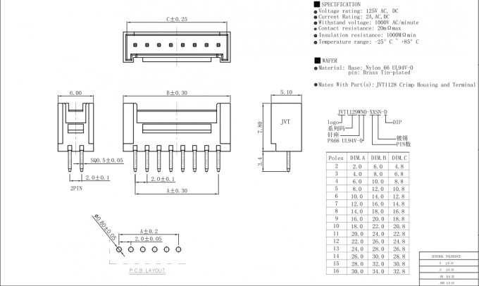 2 Pin - 16의 Pin 나일론 66 UL94V-0를 난입하는 SMT 유형 PCB 연결관 철사